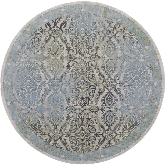 8' Blue Green and Gray Floral Power Loom Worn Faded Round Rug Photo 2