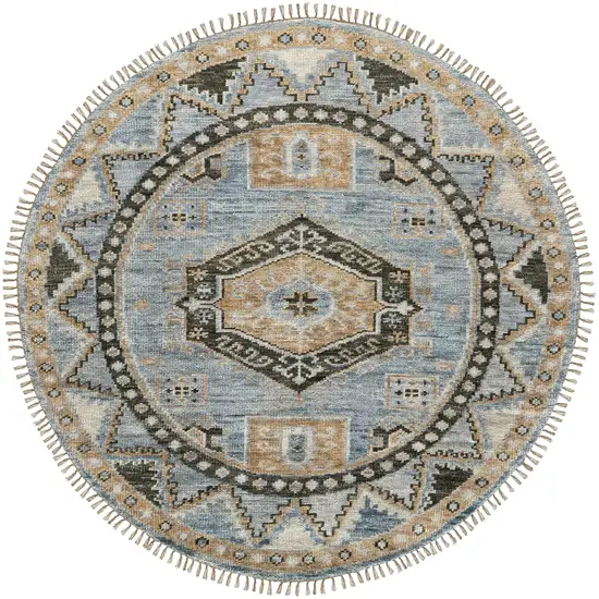 8' Blue Green and Tan Wool Oriental Hand Knotted Round Rug With Fringe Photo 2