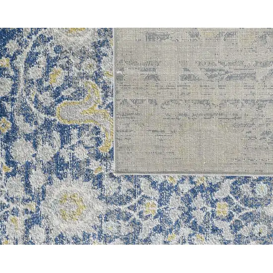 7' Blue Grey Machine Woven Distressed Floral Indoor Runner Rug Photo 3