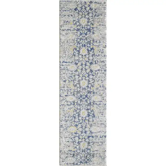 7' Blue Grey Machine Woven Distressed Floral Indoor Runner Rug Photo 4