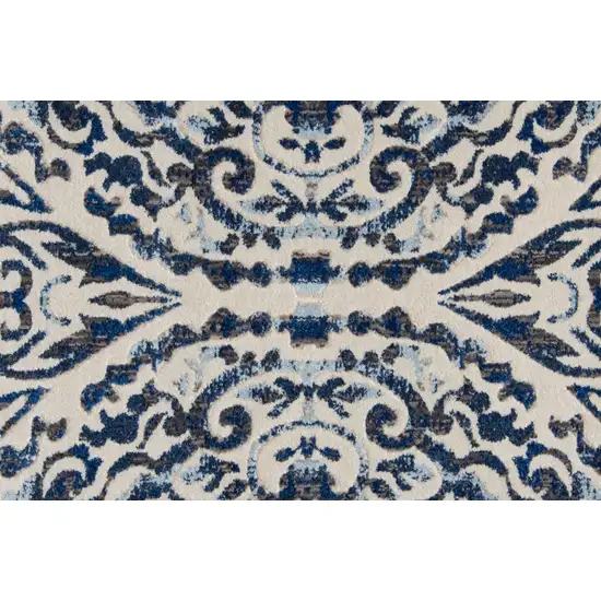 8' Blue Ivory And Black Floral Distressed Stain Resistant Runner Rug Photo 5