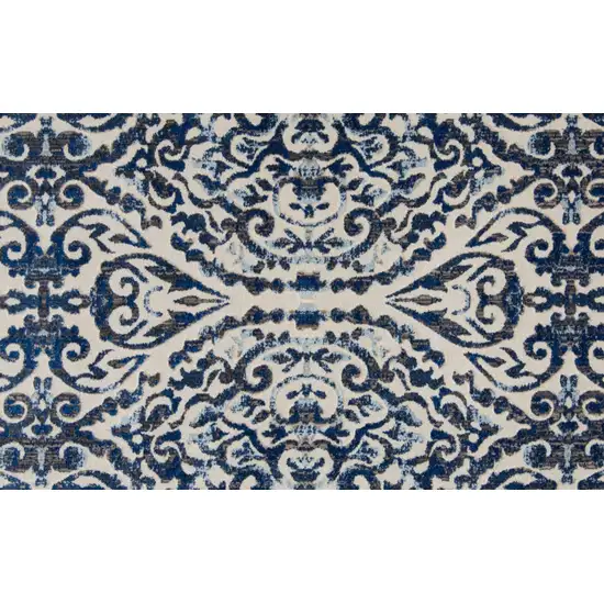 8' Blue Ivory And Black Floral Distressed Stain Resistant Runner Rug Photo 6