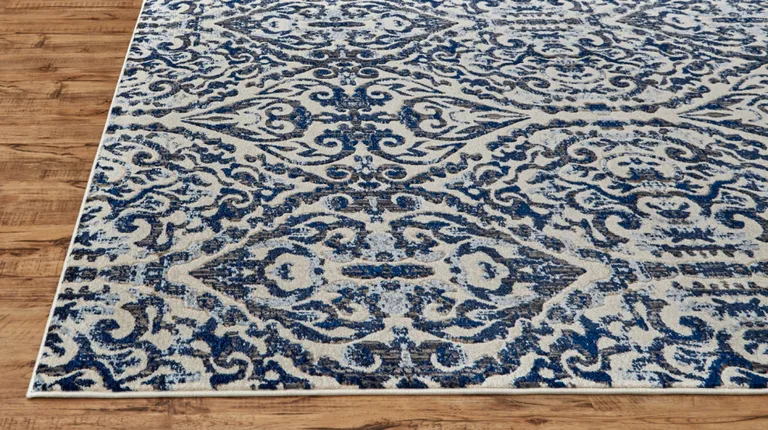 8' Blue Ivory And Black Floral Distressed Stain Resistant Runner Rug Photo 1