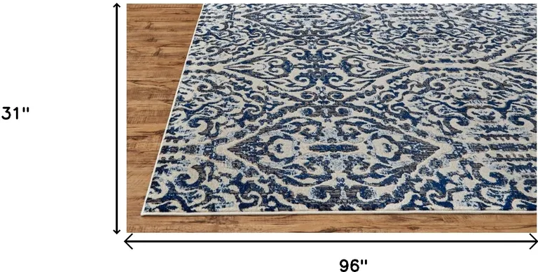 8' Blue Ivory And Black Floral Distressed Stain Resistant Runner Rug Photo 4