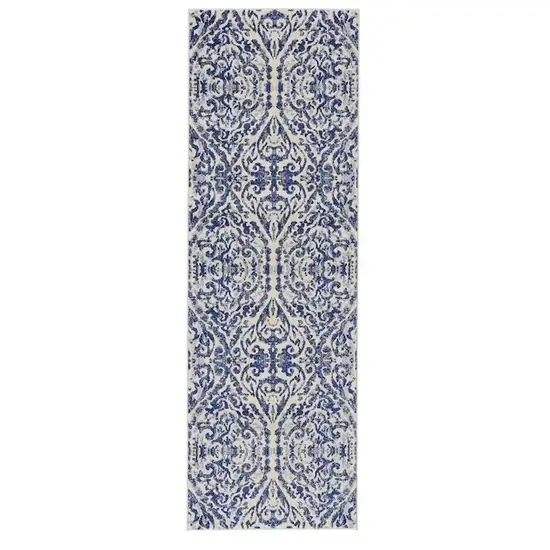 Blue and Ivory Floral Distressed Runner Rug Photo 2