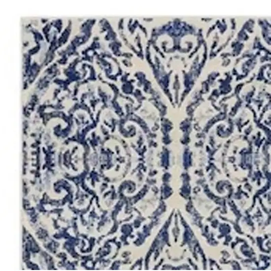 Blue and Ivory Floral Distressed Runner Rug Photo 5