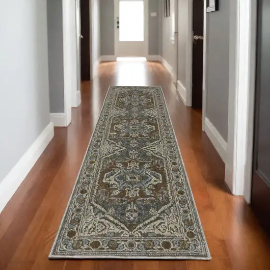 8' Blue Ivory And Brown Medallion Runner Rug Photo 1