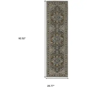 Photo of 8' Blue Ivory And Brown Medallion Runner Rug