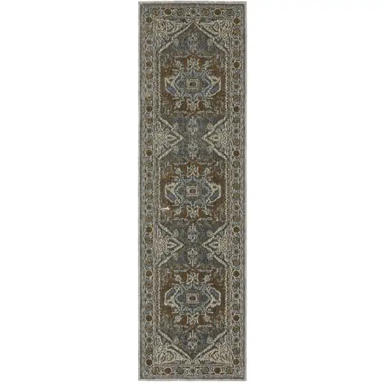 8' Blue Ivory And Brown Medallion Runner Rug Photo 2