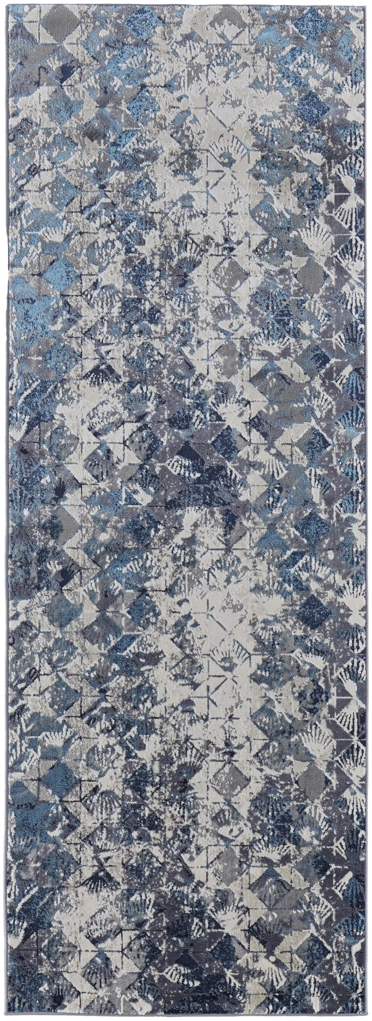 8' Blue Ivory And Gray Geometric Power Loom Distressed Runner Rug Photo 1