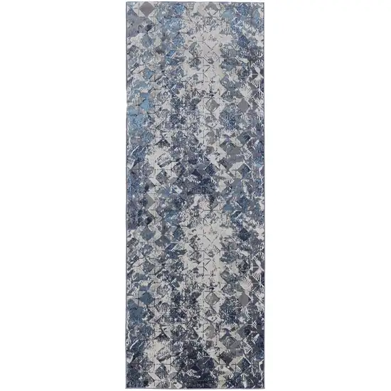 8' Blue Ivory And Gray Geometric Power Loom Distressed Runner Rug Photo 1