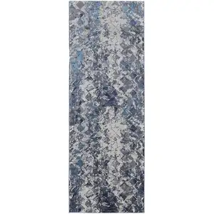 Photo of 8' Blue Ivory And Gray Geometric Power Loom Distressed Runner Rug