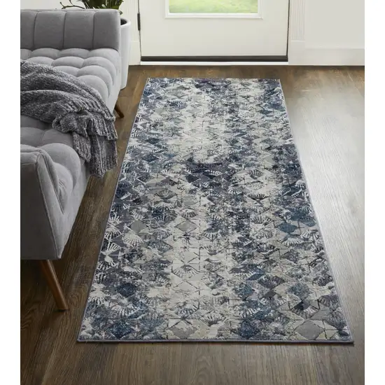 8' Blue Ivory And Gray Geometric Power Loom Distressed Runner Rug Photo 3