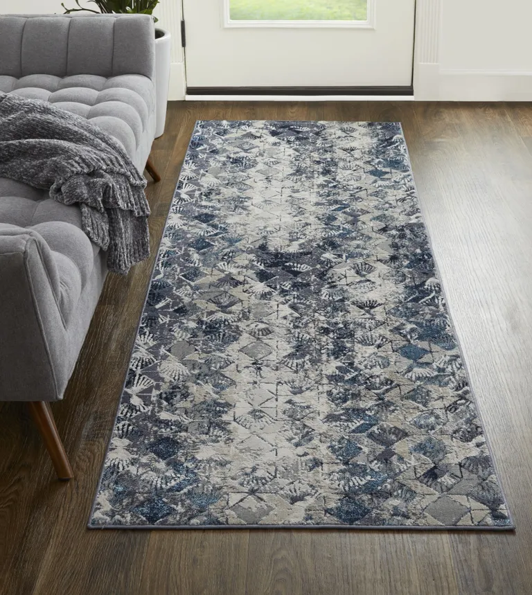 8' Blue Ivory And Gray Geometric Power Loom Distressed Runner Rug Photo 3