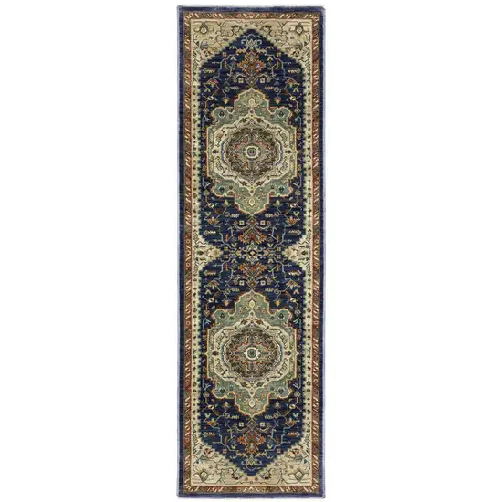 8' Blue Ivory And Gray Oriental Runner Rug With Fringe Photo 2