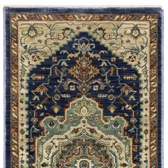 8' Blue Ivory And Gray Oriental Runner Rug With Fringe Photo 9