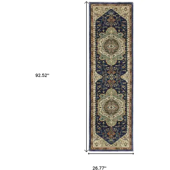 8' Blue Ivory And Gray Oriental Runner Rug With Fringe Photo 3