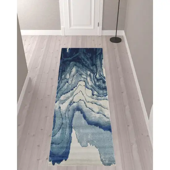 10' Blue Ivory And Green Stain Resistant Runner Rug Photo 2