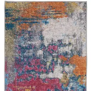 Photo of 8' Blue Ivory And Orange Abstract Distressed Runner Rug