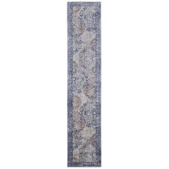 8' Blue Ivory And Red Floral Power Loom Distressed Stain Resistant Runner Rug Photo 1