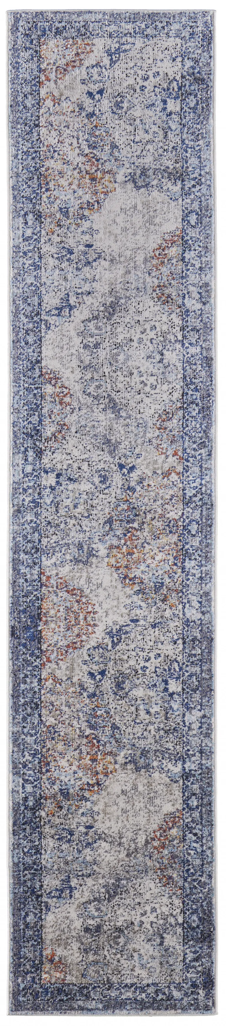 10' Blue Ivory And Red Floral Power Loom Distressed Stain Resistant Runner Rug Photo 1