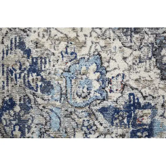 8' Blue Ivory And Red Round Floral Power Loom Distressed Stain Resistant Area Rug Photo 6