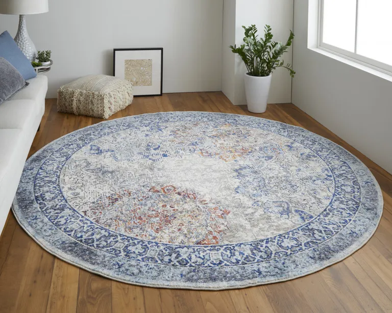 8' Blue Ivory And Red Round Floral Power Loom Distressed Stain Resistant Area Rug Photo 4