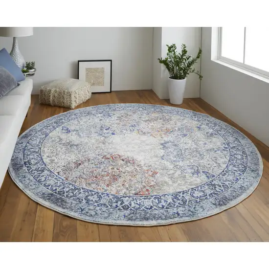 8' Blue Ivory And Red Round Floral Power Loom Distressed Stain Resistant Area Rug Photo 4