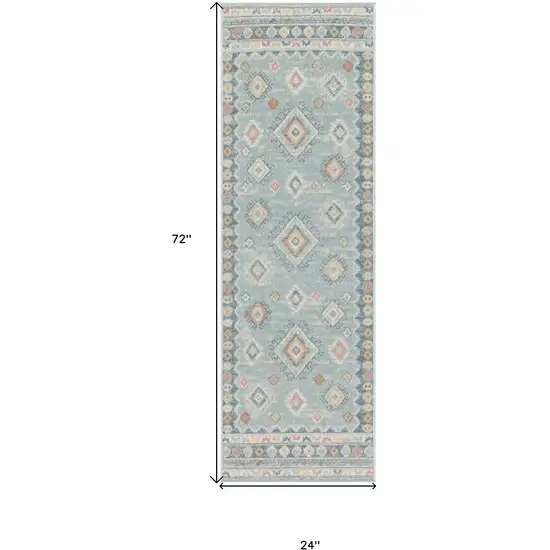 6' Blue Light Blue and Orange Geometric Flatweave Runner Rug Photo 3