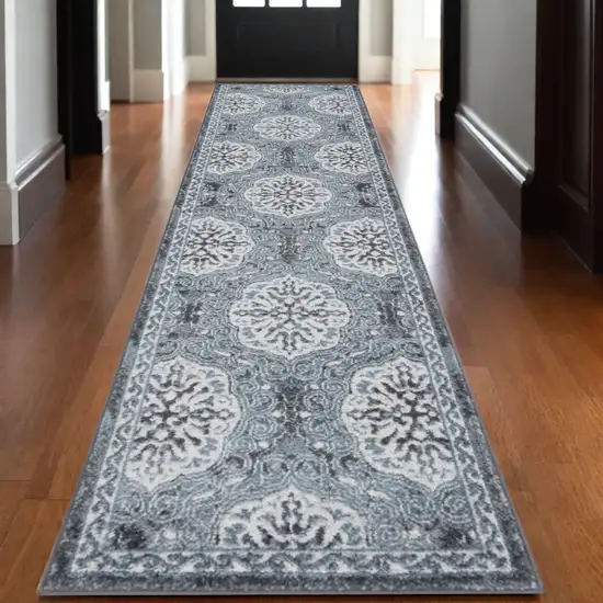 10' Charcoal and Ivory Medallion Power Loom Runner Rug Photo 1