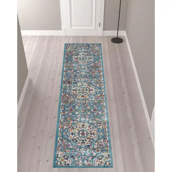 10' Blue Medallion Power Loom Runner Rug Photo 3