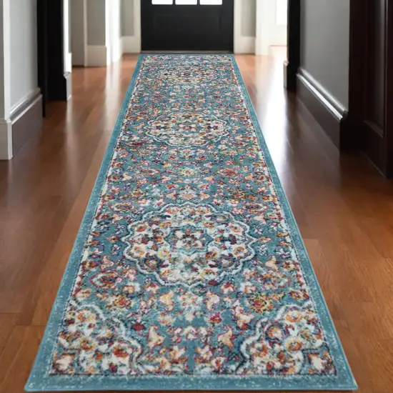 10' Ivory Blue and Orange Medallion Power Loom Runner Rug Photo 1