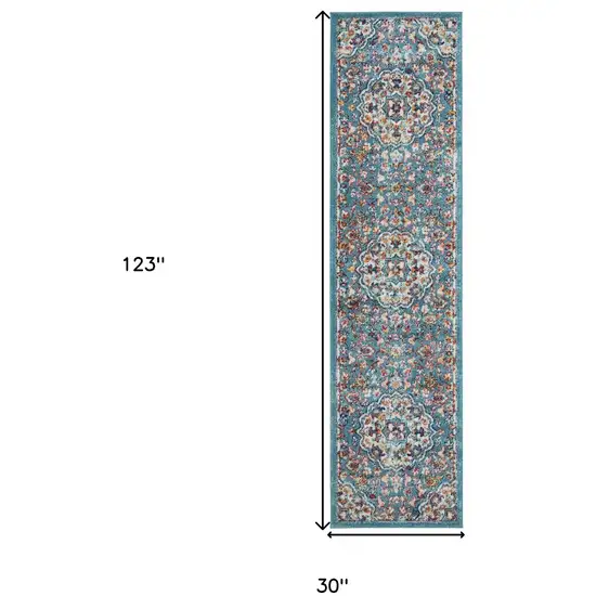 10' Blue Medallion Power Loom Runner Rug Photo 7