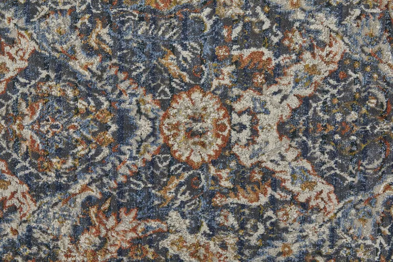 10' Blue Orange And Ivory Floral Power Loom Runner Rug With Fringe Photo 5