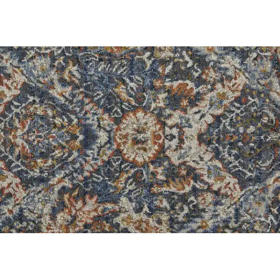 10' Blue Orange And Ivory Floral Power Loom Runner Rug With Fringe Photo 5