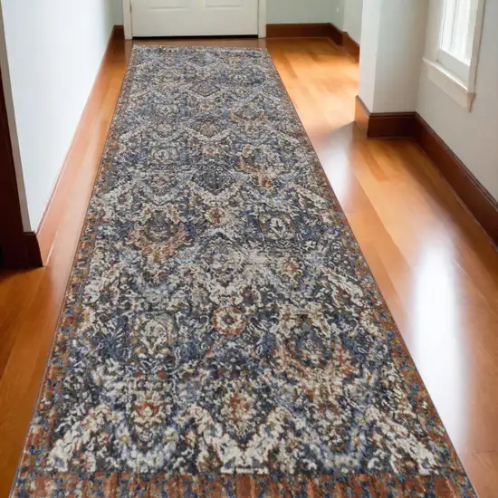 10' Blue and Orange Floral Power Loom Non Skid Runner Rug Photo 1