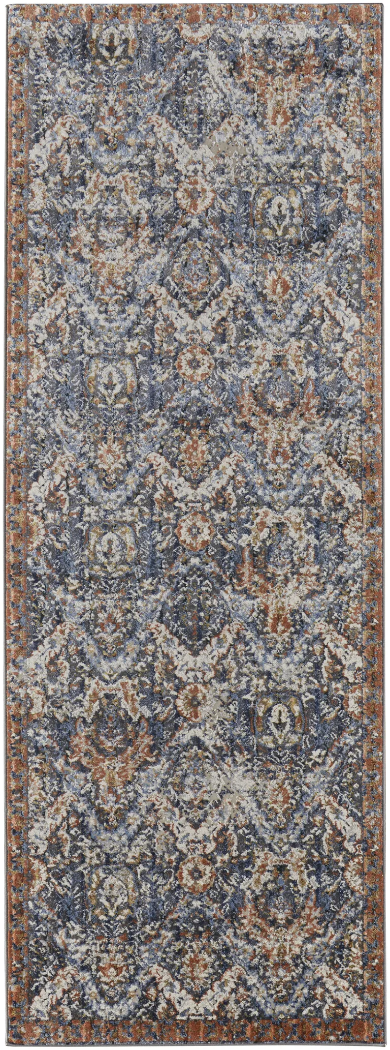 10' Blue Orange And Ivory Floral Power Loom Runner Rug With Fringe Photo 1