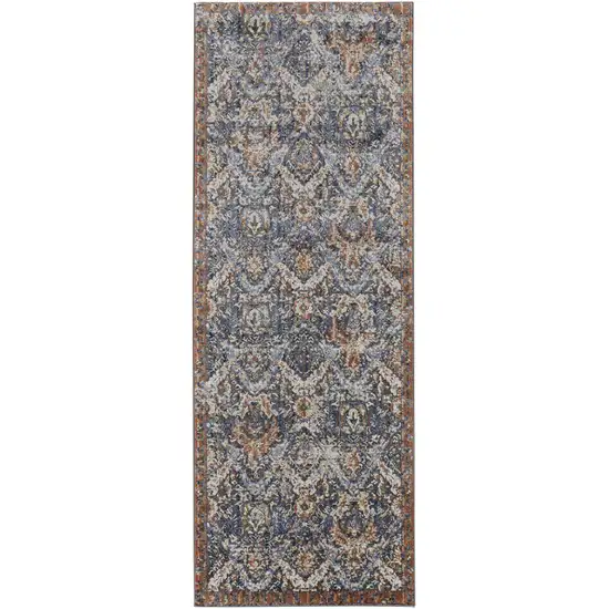 10' Blue Orange And Ivory Floral Power Loom Runner Rug With Fringe Photo 1