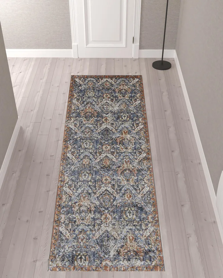 10' Blue Orange And Ivory Floral Power Loom Runner Rug With Fringe Photo 2