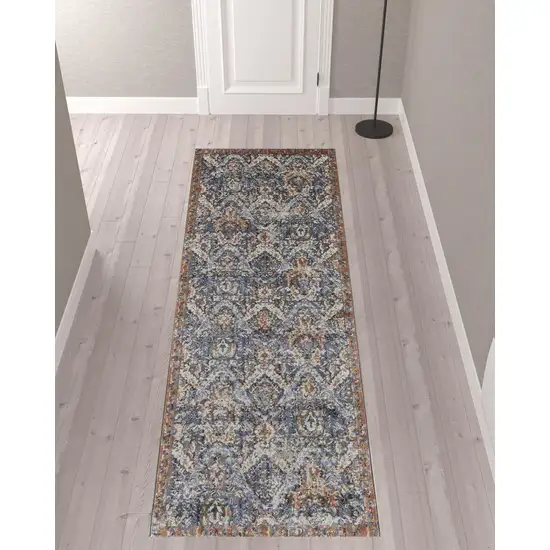 10' Blue Orange And Ivory Floral Power Loom Runner Rug With Fringe Photo 2