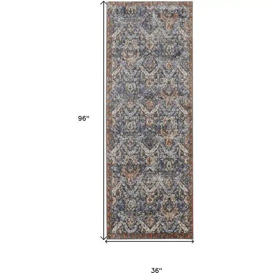 8' Blue Orange And Ivory Floral Power Loom Runner Rug With Fringe Photo 7