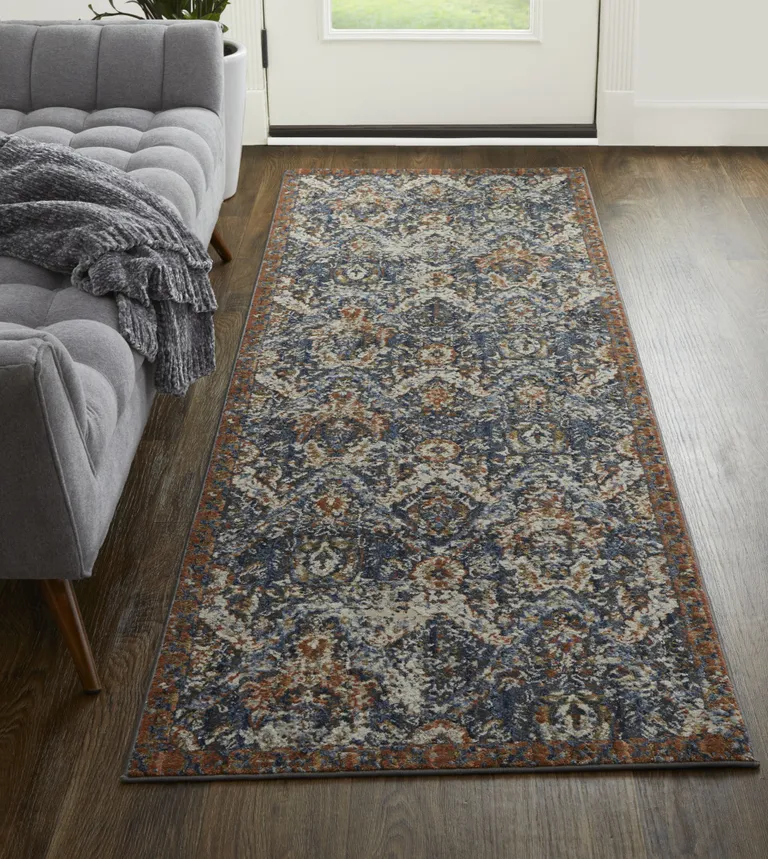 8' Blue Orange And Ivory Floral Power Loom Runner Rug With Fringe Photo 1