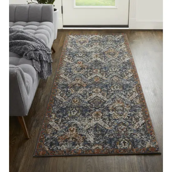 8' Blue Orange And Ivory Floral Power Loom Runner Rug With Fringe Photo 3