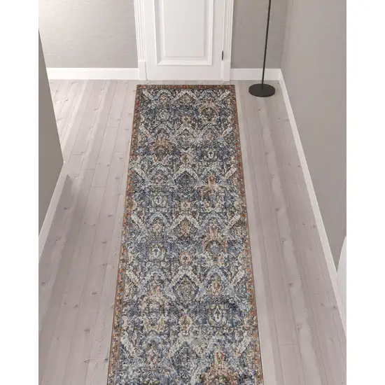 12' Blue Orange And Ivory Floral Power Loom Runner Rug With Fringe Photo 2