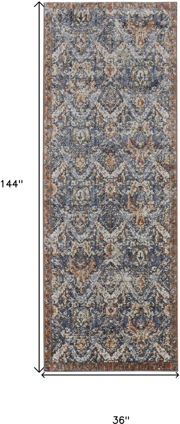 12' Blue Orange And Ivory Floral Power Loom Runner Rug With Fringe Photo 4