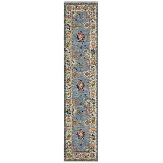 12' Blue Orange And Yellow Oriental Runner Rug With Fringe Photo 2