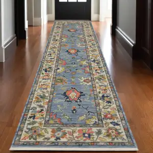 Photo of 12' Blue Orange And Yellow Oriental Runner Rug With Fringe