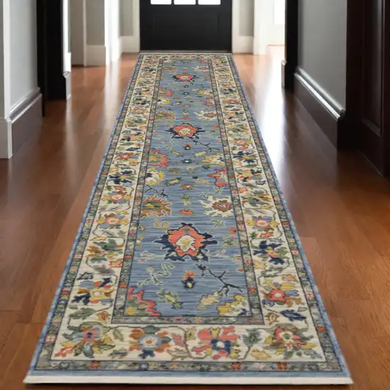 12' Blue Orange And Yellow Oriental Runner Rug With Fringe Photo 1