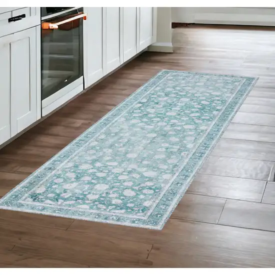 8' Blue Oriental Distressed Non Skid Runner Rug Photo 1