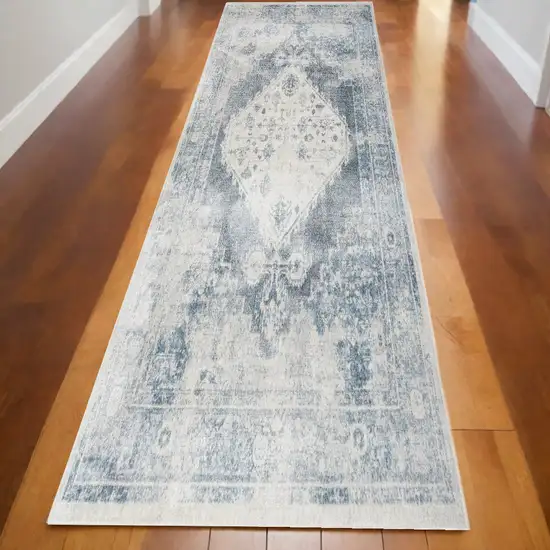 10' Blue Oriental Power Loom Distressed Washable Runner Rug Photo 2